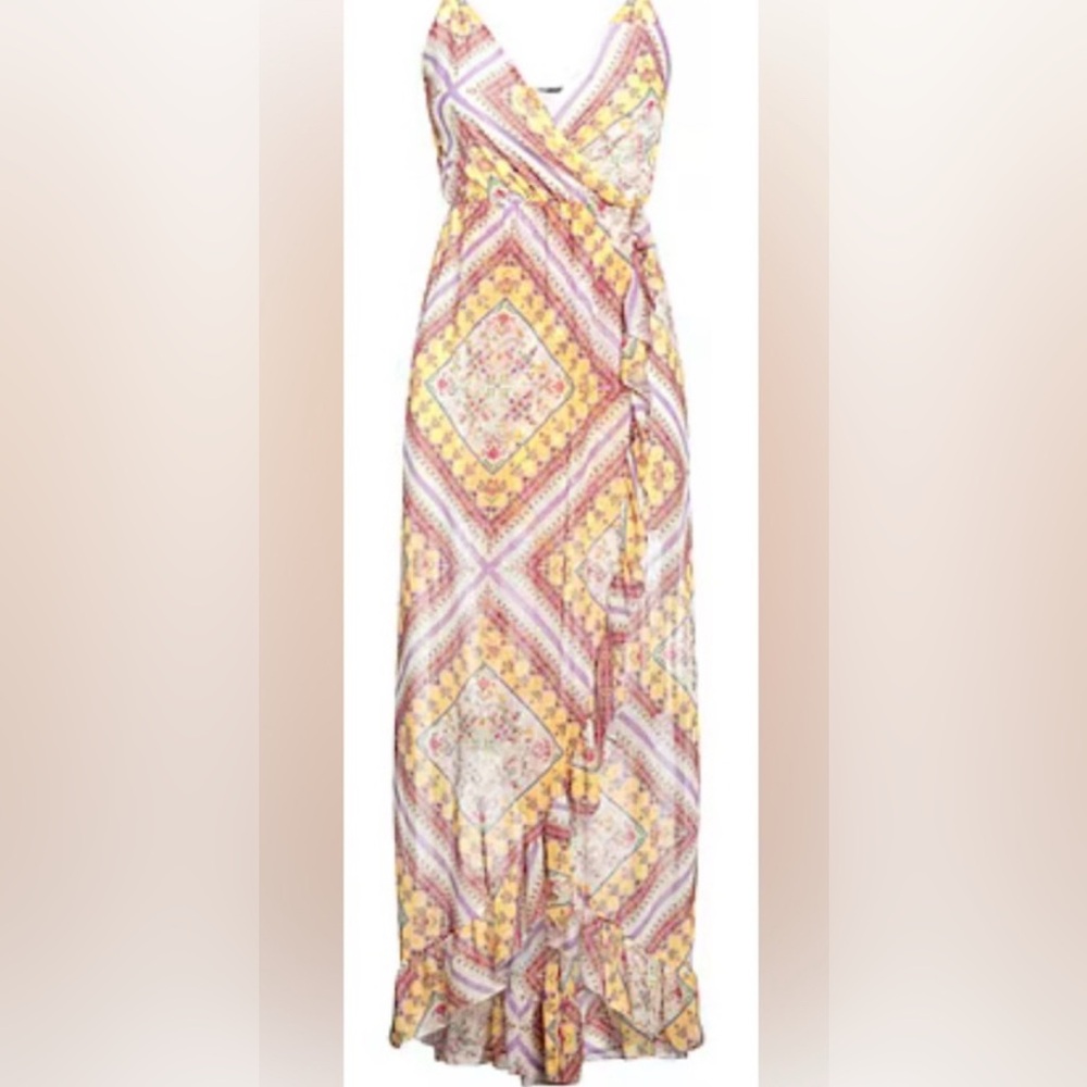 VANESSA SCOTT Sleeveless Yellow/Mauve Multi Abstract Print Wrap Maxi Dress: M